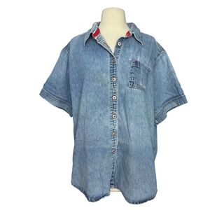 Vintage 80's Womens Plus Size 24W XL Denim Short Sleeve Button Funky Casual